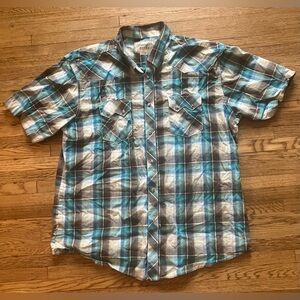Wrangler Retro Short Sleeve Pearl Snap Western Shirt Gray Blue Plaid XXL